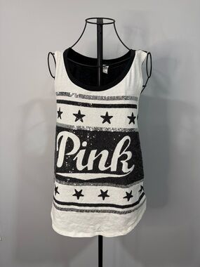 PINK Victoria's Secret White Tank with Black Sequin Logo